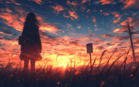 日暮黄昏动漫美女背影插画图片